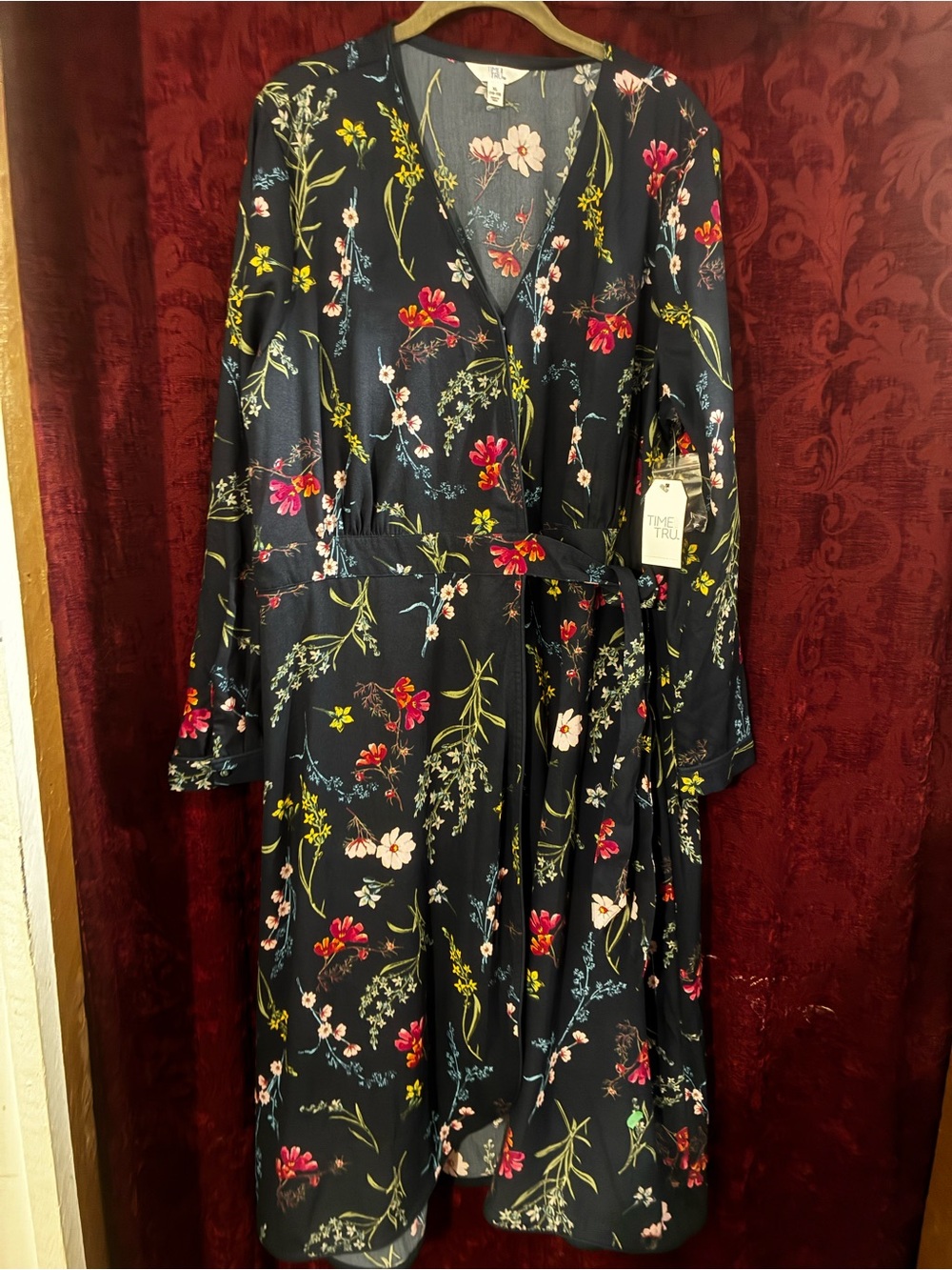 NWT Floral Wrap Dress in Navy with Pink & Green Blooms